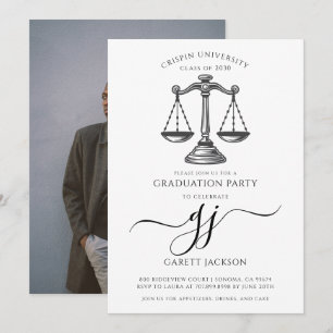 Law School Gold Script Photo Black Graduation  Invitation