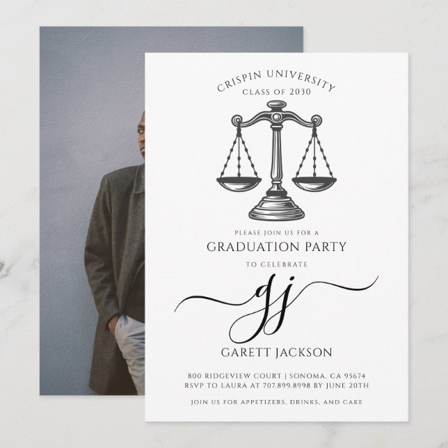 Law School Gold Script Photo Black Graduation  Invitation (Front/Back)