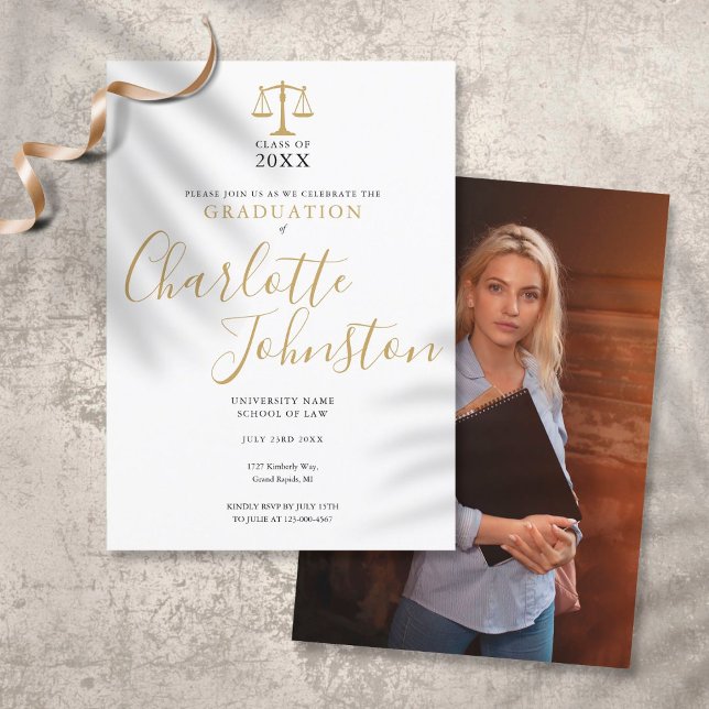 Law School Gold Script Photo Graduation Party Invitation (Creator Uploaded)