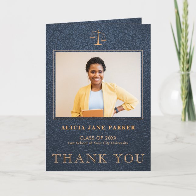 Law school graduation elegant photo thank you card (Front)