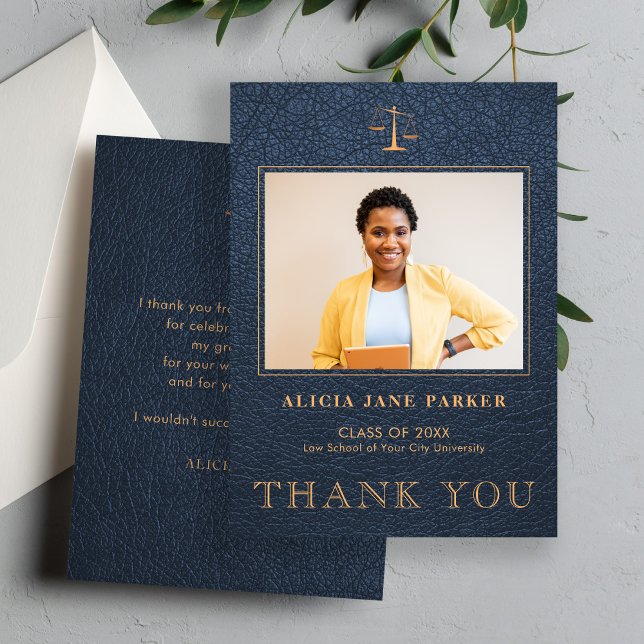 Law school graduation elegant photo thank you card (Creator Uploaded)