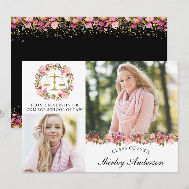 Law School Graduation Floral 2 Photo Announcement (Front/Back)