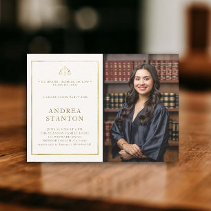 Law School Graduation Gold Frame Photo Modern Invitation