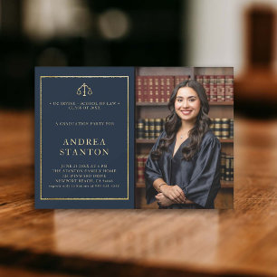 Law School Graduation Gold Frame Photo Modern Navy Invitation