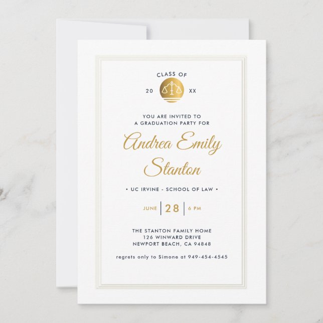 Law School Graduation Gold Scales of Justice Frame Invitation (Front)