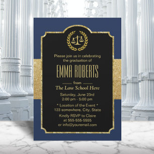 Law School Graduation Navy Blue & Gold Lawyer Invitation