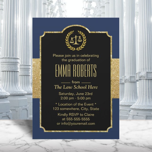 Law School Graduation Navy Blue & Gold Lawyer Invitation (Creator Uploaded)
