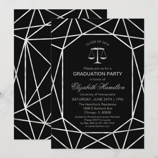 Law School Graduation Party Foil Silver Geometric Invitation (Front/Back)