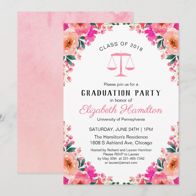 Law School Graduation Party Hot Pink Floral Invitation (Front/Back)