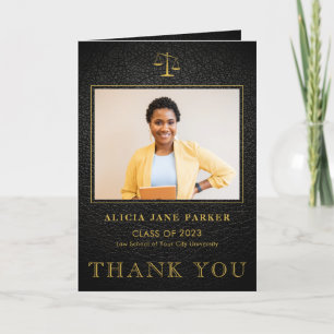 Law school graduation photo elegant black gold thank you card