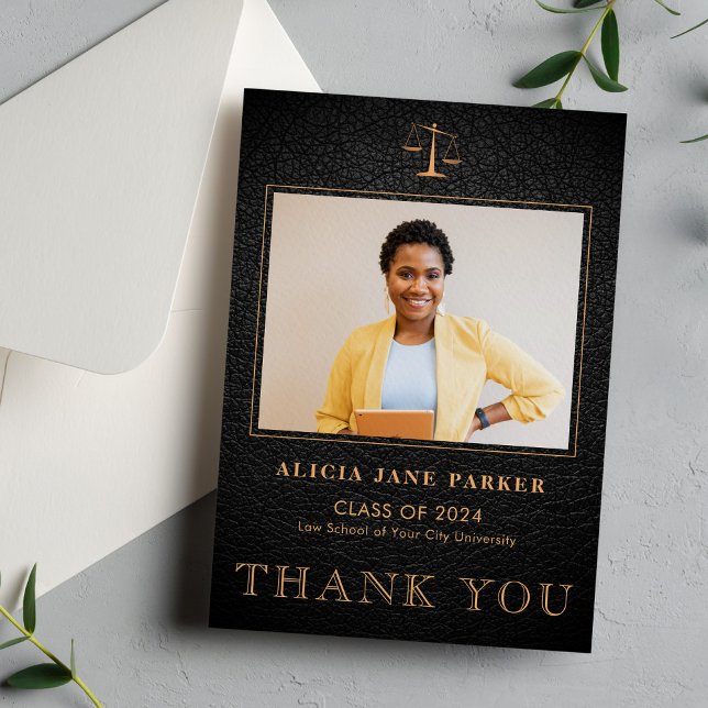 Law school graduation photo elegant black gold thank you card (Creator Uploaded)
