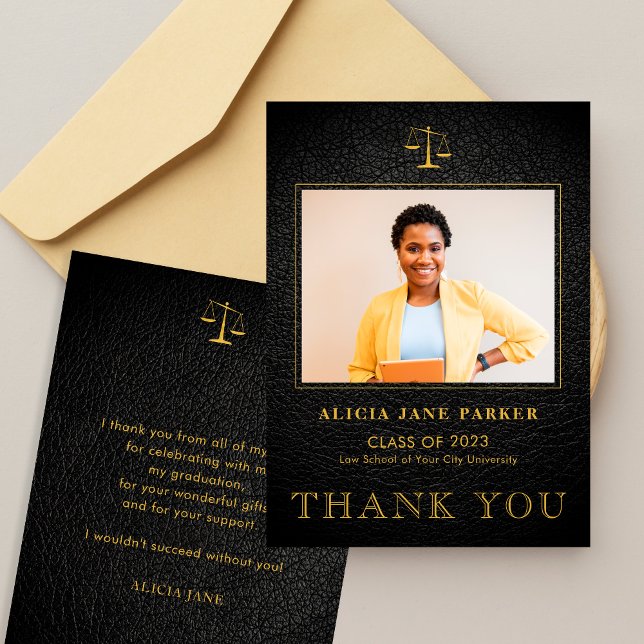 Law school graduation photo elegant black gold thank you card (Creator Uploaded)