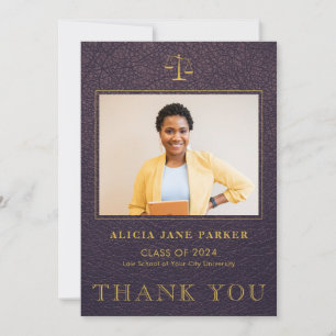 Law school graduation photo elegant purple gold thank you card