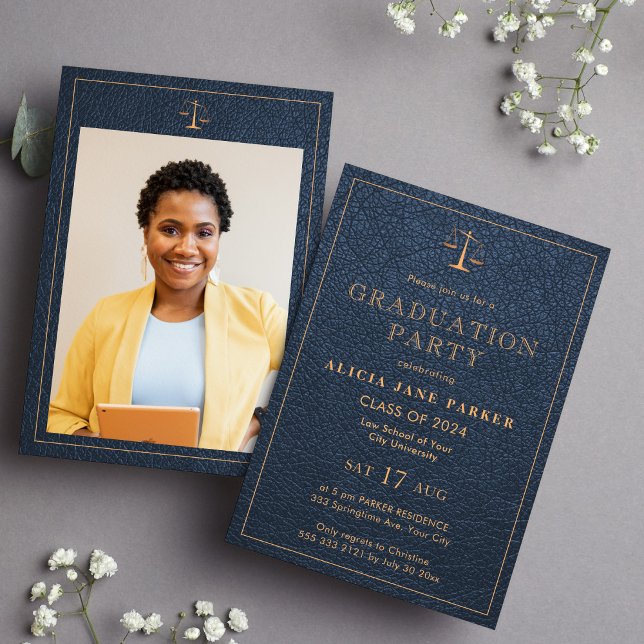 Law school graduation photo navy gold elegant invitation (Creator Uploaded)