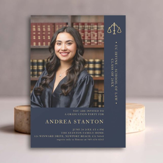 Law School Graduation Scales Justice Classic Photo Invitation (law school graduation party invitation photo gold scales of justice navy elegant modern classic)