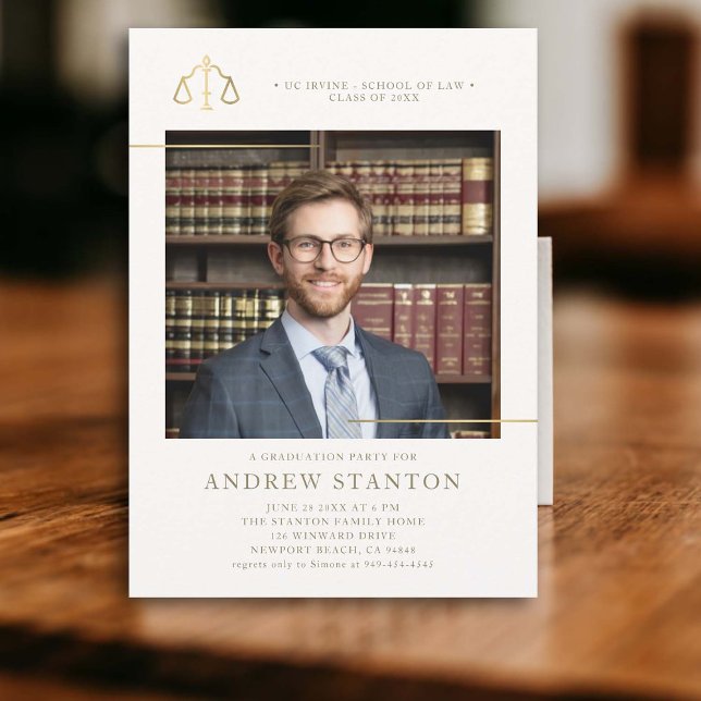 Law School Graduation Scales Justice Photo Modern Invitation (law school graduation party invitation photo gold scales justice elegant modern frame logo template)