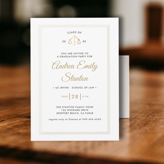 Law School Graduation Scales of Justice Faux Gold Invitation (law school graduation party invitation gold scales of justice black white embossed frame elegant)