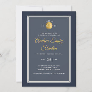 Law School Graduation Scales of Justice Navy Frame Invitation