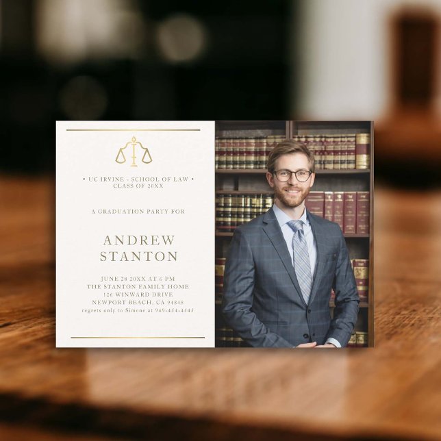 Law School Graduation Scales Photo Modern Elegant Invitation (law school graduation party invitation photo gold scales of justice elegant modern classy)