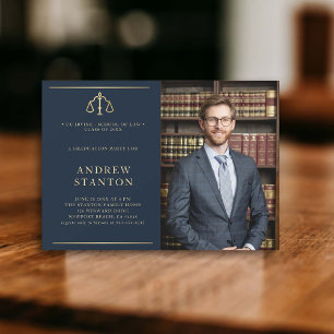 Law School Graduation Scales Photo Modern Navy Invitation