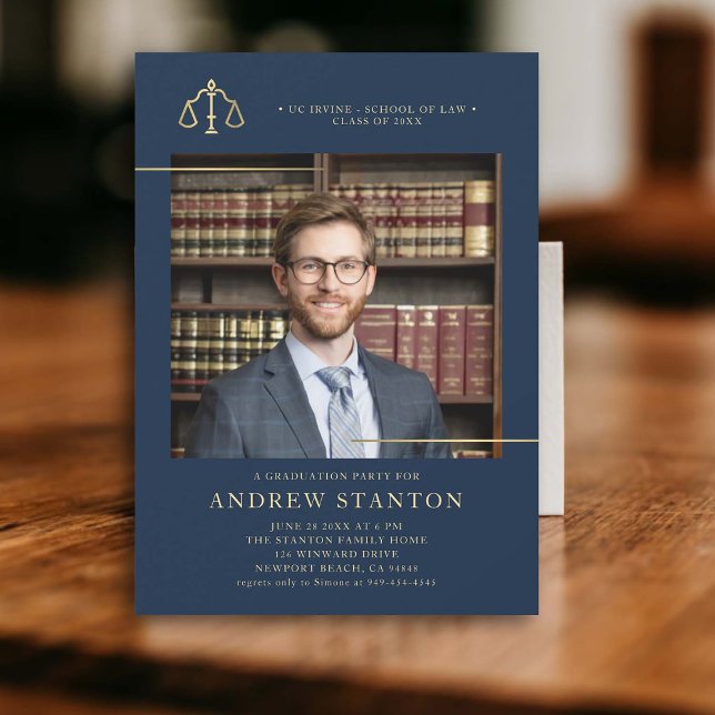 Law School Graduation Scales Photo Modern Navy Invitation (law school graduation party invitation photo gold scales of justice elegant modern frame navy)