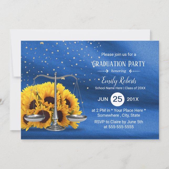 Law School Rustic Sunflower Navy Blue Graduation Invitation (Front)