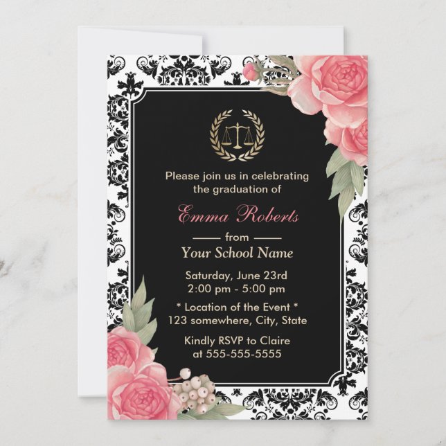 Law School Vintagr Floral & Damask Graduation Invitation (Front)