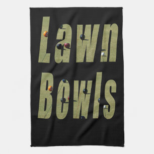 Lawn Bowls Picture Logo, Black Tea Towel