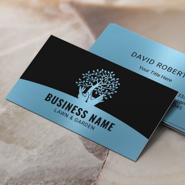 Lawn Care Hands Holding Tree Blue Landscaping Business Card (Creator Uploaded)