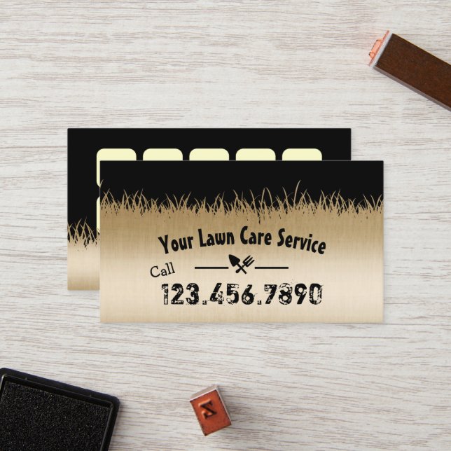 Lawn Care & Landscaping Black & Gold Loyalty Punch Card (Front/Back In Situ)