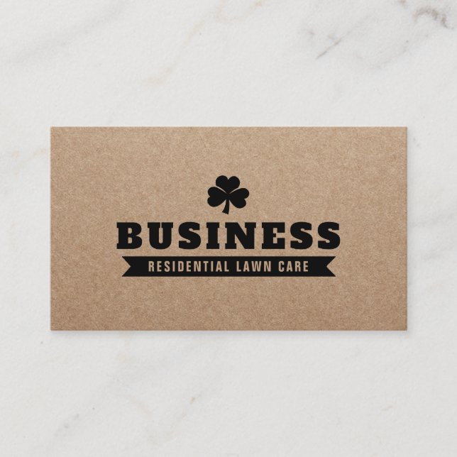 Lawn Care & Landscaping Clover Logo Rustic Kraft Business Card (Front)