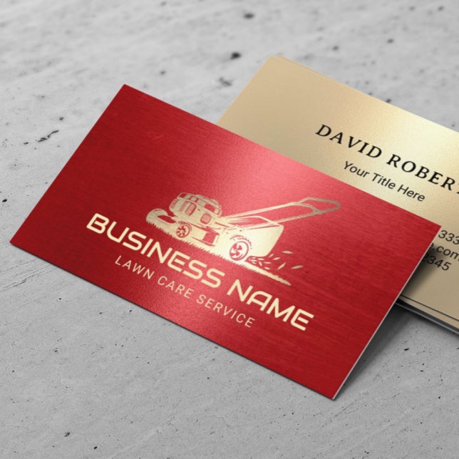 Lawn Care & Landscaping Gold Mower Logo Red Business Card (Creator Uploaded)