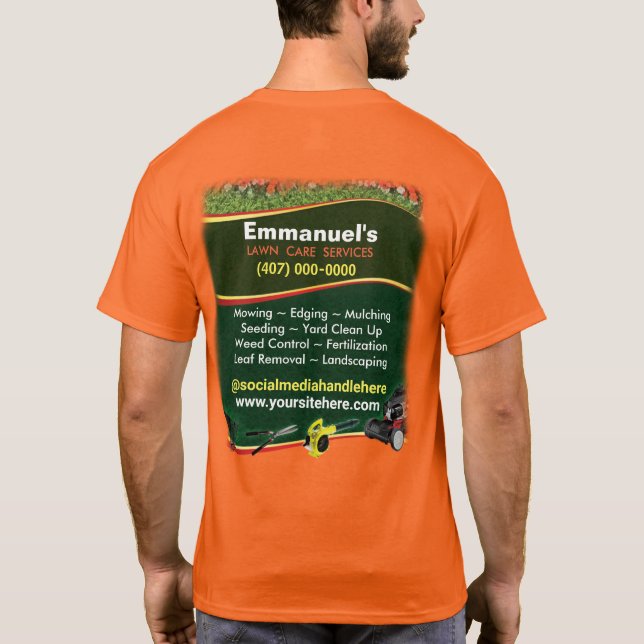 Lawn Care Landscaping Grass Cutting Orange T-Shirt (Back)