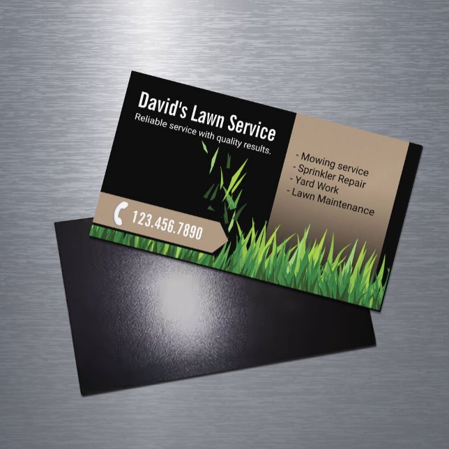 Lawn Care Landscaping Mowing Black & Beige Magnetic Business Card (Creator Uploaded)