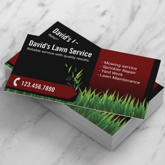 Lawn Care Landscaping Mowing Black & Red Business Card (Creator Uploaded)