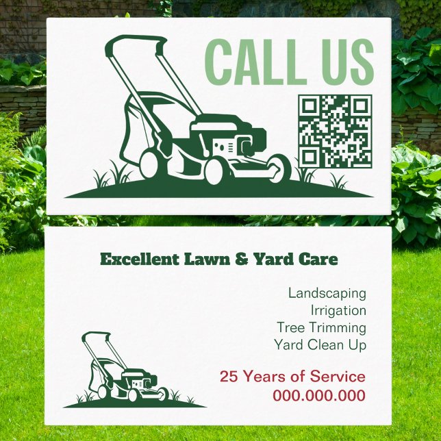Lawn Care Landscaping Mowing  Business Card (Lawn and Yard Care Professional Business Card. Modern with QR code. )