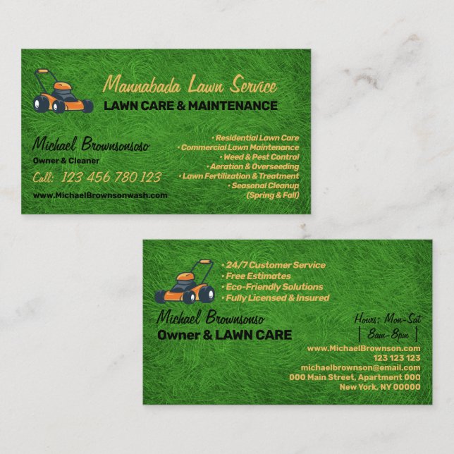 Lawn Care Landscaping Mowing Grass Business Card (Front/Back)