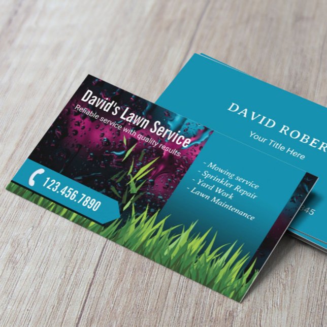 Lawn Care Landscaping Mowing Modern Teal Business Card (Creator Uploaded)