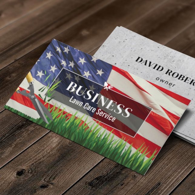 Lawn Care & Landscaping Service US Flag & Grass Business Card (Creator Uploaded)