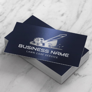 Lawn Care & Landscaping Silver Mower Logo Navy Business Card