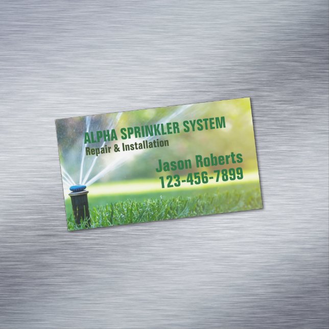 Lawn Care Landscaping Sprinkler Repair Irrigation Magnetic Business Card (In Situ)