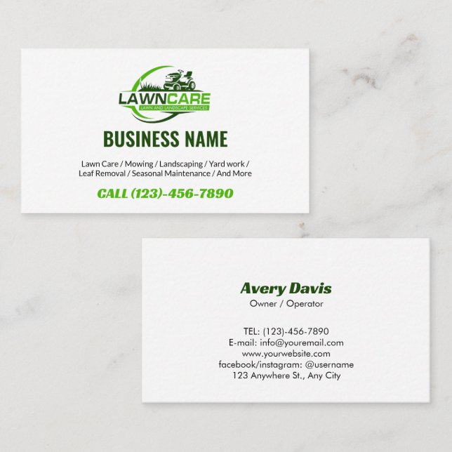 Lawn Care Logo Landscaping Mowing Yard work  Business Card (Front/Back)