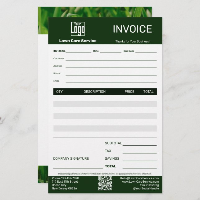 Lawn Care Service Business Invoice Stationery (Front/Back)