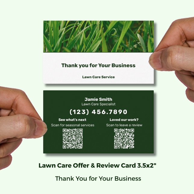 Lawn Care Service  Thank You & Review Combo Business Card (Lawn Care Service Thank You & Review Combo Business Card; (US) Size 3.5x2 Inch Landscape Format)