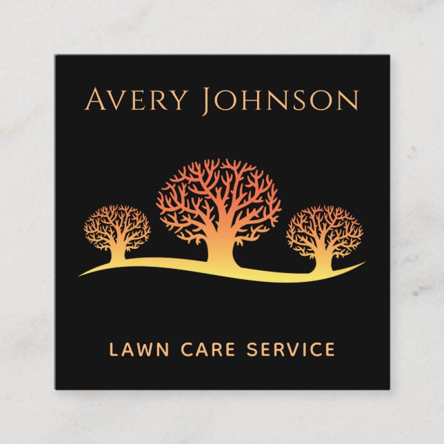 Lawn Care Service Vibrant Orange Trees Modern Cool Square Business Card (Front)