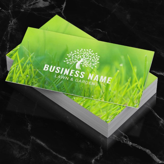 Lawn & Garden Care Tree Logo Green Landscaping Business Card (Creator Uploaded)
