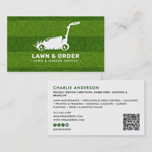 Lawn/Garden Service Green Grass QR Code & Socials Business Card (Front/Back)