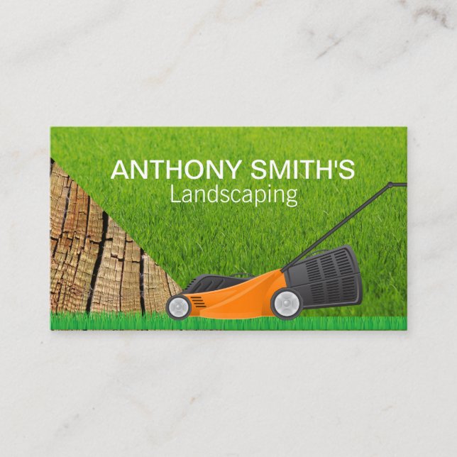 Lawn Mower | Grass | Wood Landscaping Business Card (Front)