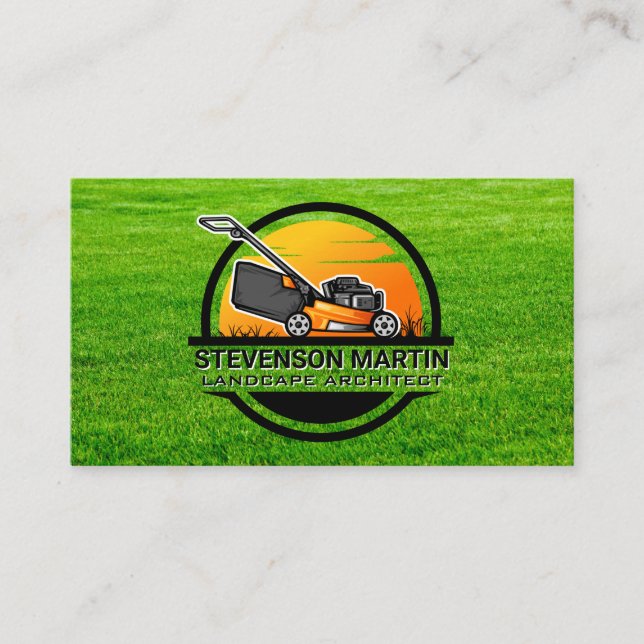 Lawn Mower Landscaping Logo | Grass Background Business Card (Front)