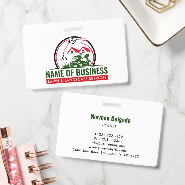 Lawn Mower Red Green Landscaping Services ID Badge (Office)